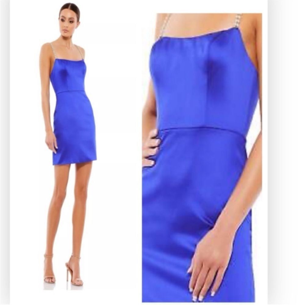 Mac Duggal Indigo Rhinestone Strap Satin Mini NWT $398